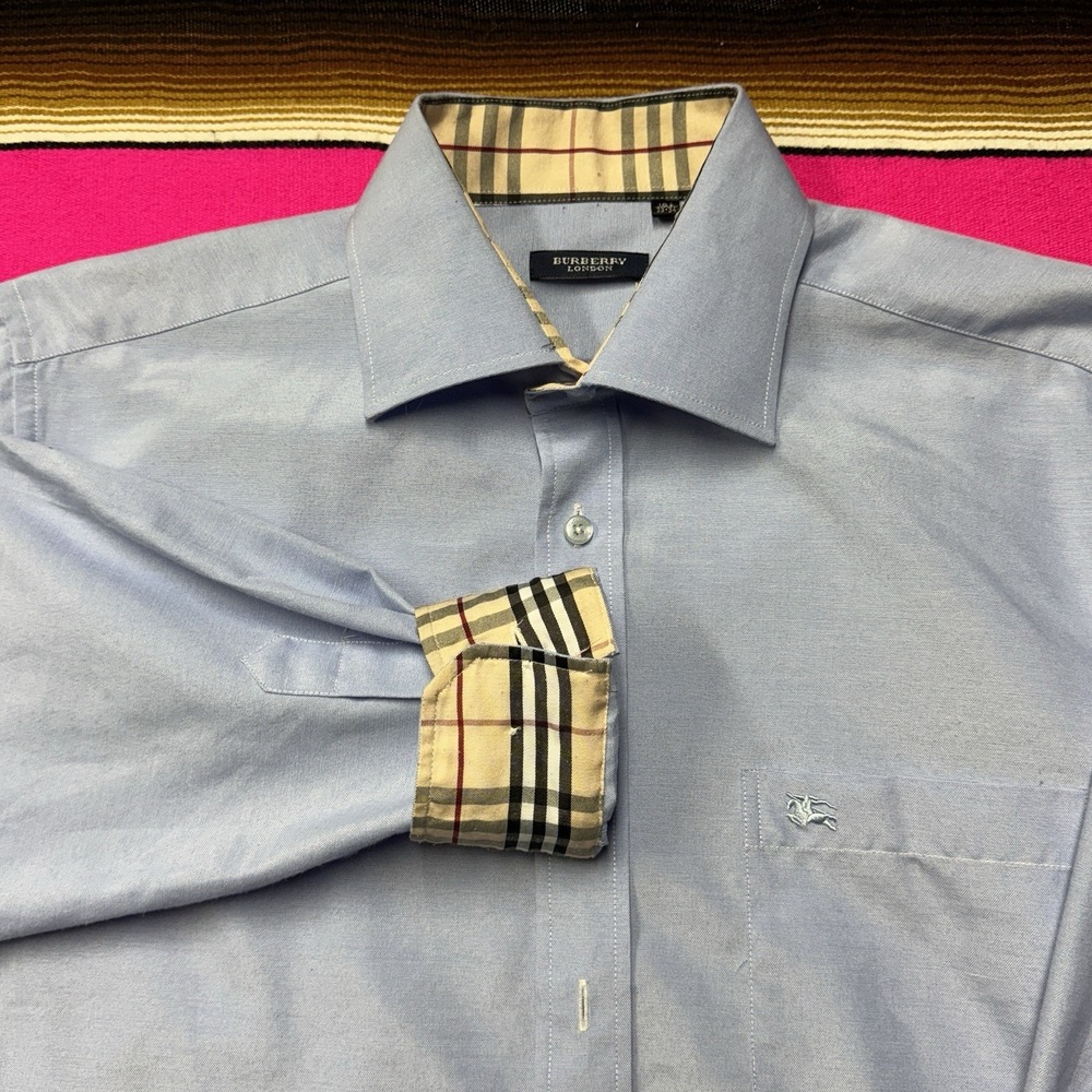 Burberry London Dress Shirt Men 16.5 33-34 Blue Nova Check Flip Cuff Collar Hit